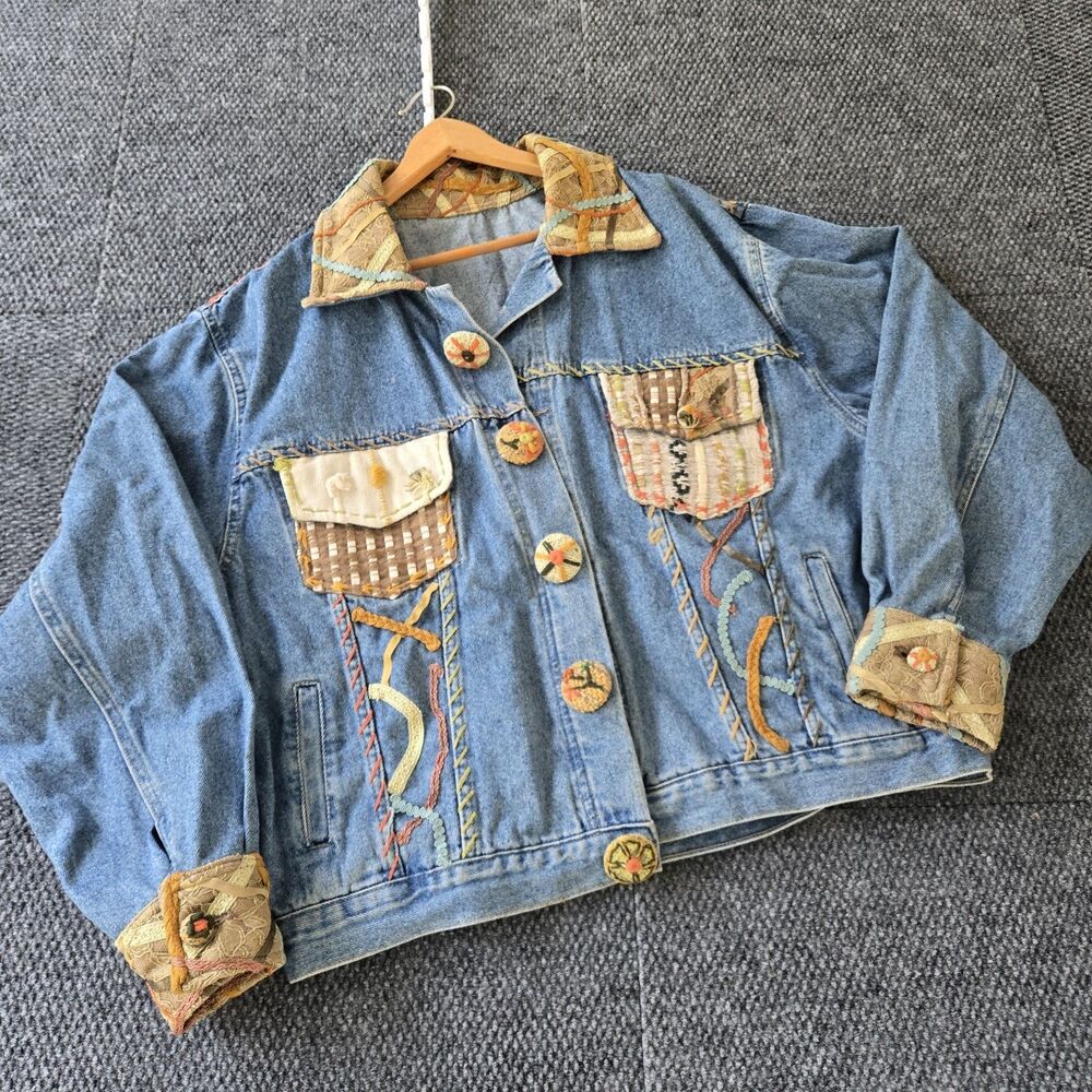 Vtg Crystal Handwoven Denim Jacket Cottage Core Boho 3D Artsy Embroidered 3D Art